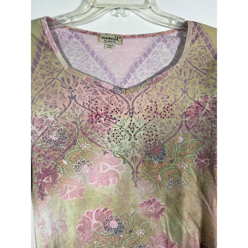 One World Floral Damask Rhinestone V-Neck Top Pink Green Med Y2K Skater